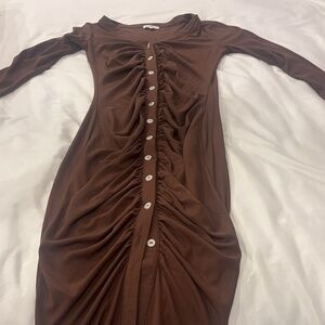 Superdown Chocolate Brown Ruched Long Sleeve Dress